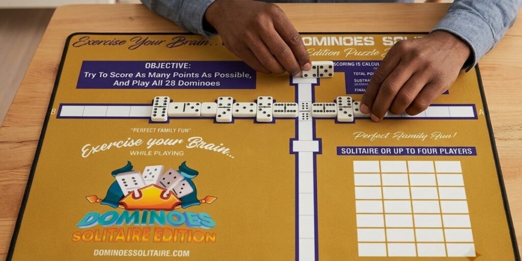 Person arranging dominoes on a yellow Dominoes Solitaire Edition board showing cross-shaped layout and a stack of dice icons in the center of the board.