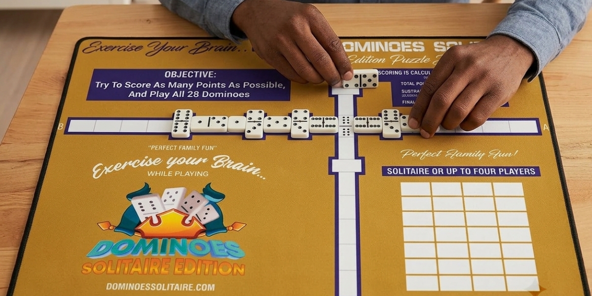 Person arranging dominoes on a yellow Dominoes Solitaire Edition board showing cross-shaped layout and a stack of dice icons in the center of the board.