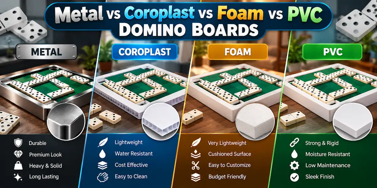 Infographic comparing four domino board materials—Metal, Coroplast, Foam, and PVC—with key strengths.